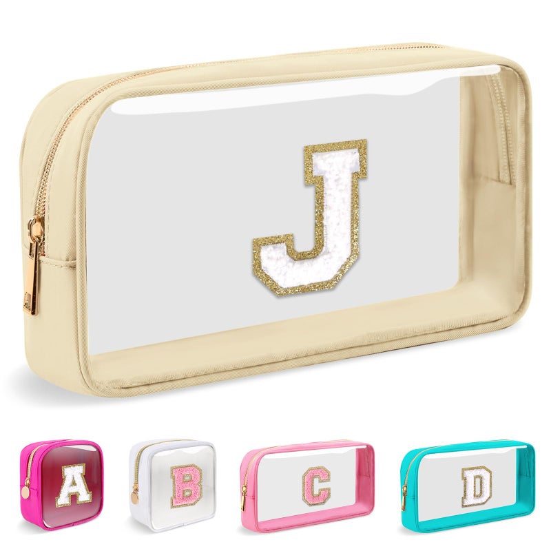 Iqimott Small Clear Personalized Initial Makeup Bag Nylon Preppy A-Z Chenille Letter Patch Cosmetic Pouch Beach Toiletry Bag Waterproof Zipper Travel Purse Storage Bag Organizer for Women Girls(Beige-White J) - Image 1